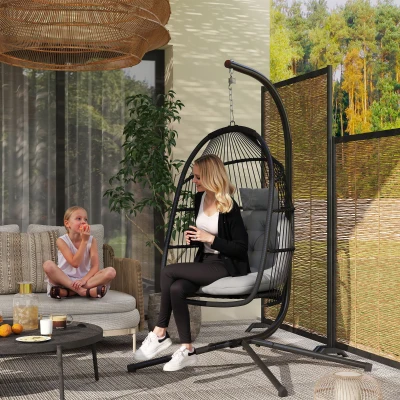 Outsunny Silla Colgante Huevo con Soporte con Cesta Plegable Cojín y Reposacabezas para Interior y Exterior Carga 150 kg Gris