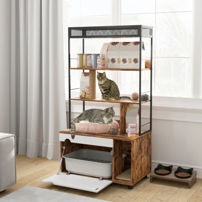 PawHut Kattenbak met 3-Niveau's Opbergrek en Krabpaal, Gesloten Kattenbak, 80 x 48 x 152 cm, Bruin