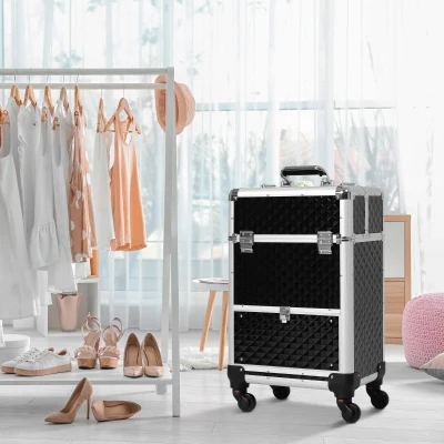 HOMCOM Maletín de Maquillaje Profesional con Cajón Maleta de Maquillaje con Ruedas para Viaje Trabajo 34x25x62 cm Negro