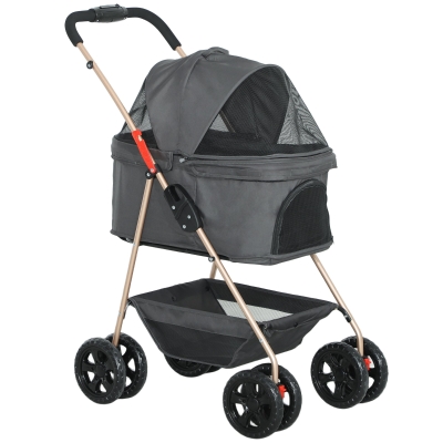 PawHut 3-in-1 Huisdierenwagen, inklapbare hondenkar met 4 wielen en afneembare draagtas voor honden en katten, Grijs