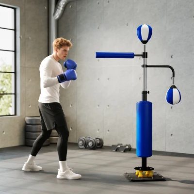 SPORTNOW Bokszakstand, twee speedballs, draaibare bokstang, kickkussen, in hoogte verstelbaar, staal, 107 x 36 x 140-205 cm, Blauw
