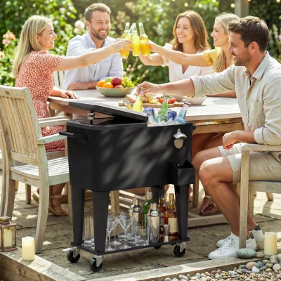 Outsunny Koelwagen met opbergruimte, afvoer, wielen en zwart design