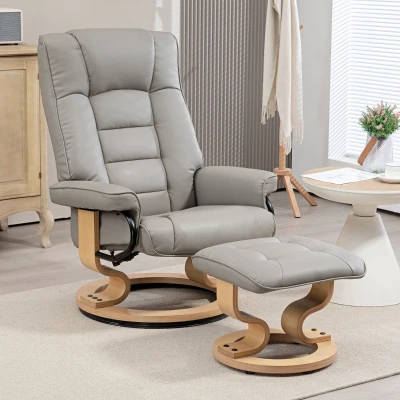 HOMCOM Relaxfauteuil met Voetenbankje, Draaibaar & Kantelbaar, Kunstlederen Bekleding, tot 150 kg, Houten Frame, Grijs