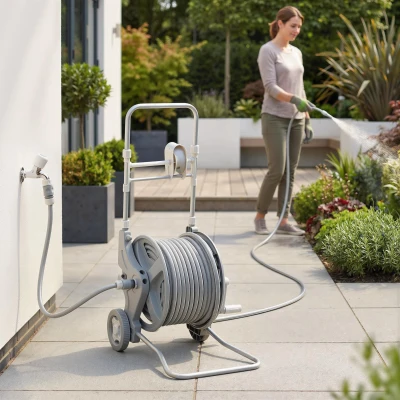 Outsunny Slangenwagen 45 m Slanghaspel met 2 Sproeistanden, Kraanadapter, Slinger en 2 Wielen, 45 x 44 x 78 cm Grijs
