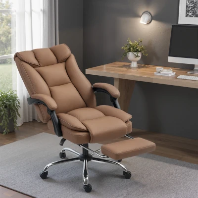 HOMCOM Silla de Escritorio con Reposapiés Respaldo Reclinable Acolchado Grueso Tapizada en Cuero Sintético Marrón