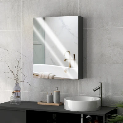 HOMCOM Pensile Bagno 2 Ante con Specchio e 2 Ripiani Interni Nero