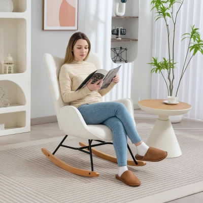 HOMCOM Modern Velvet Rocking Chair Wood Legs Cream