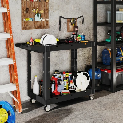 HOMCOM Gereedschapswagen, 2-Laagse Schappen, Handgreep, Wielen, Kunststof, Zwart