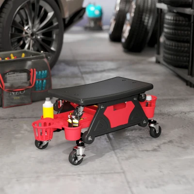 HOMCOM Werkplaatskruk met Afneembare Zitting en Wielen, Opbergruimte, 33cm Hoog, Tot 135 kg, Rood