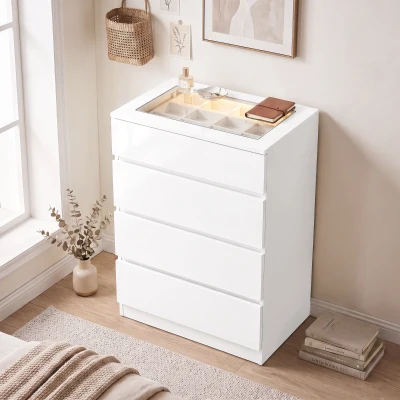HOMCOM 4 Drawer Chest Glass Top LED Jewellery Organiser White