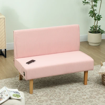 HOMCOM Sofá de 2 Lugares Estofado em Veludo Cotelê Sofá Sala de Estar com 2 Entradas USB 1 Entrada Tipo C 110x60x85 cm Rosa