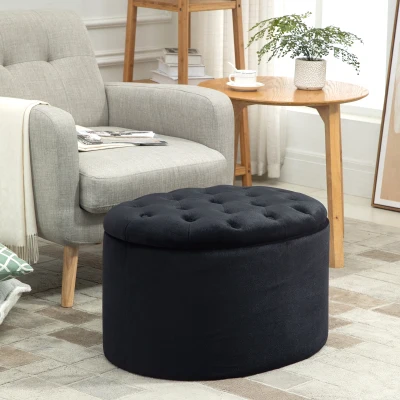 HOMCOM bank gestoffeerde bank met opbergruimte borstbank ovale vorm hal slaapkamer woonkamer fluweelzacht polyester rubber hout zwart 71 x 52 x 42 cm