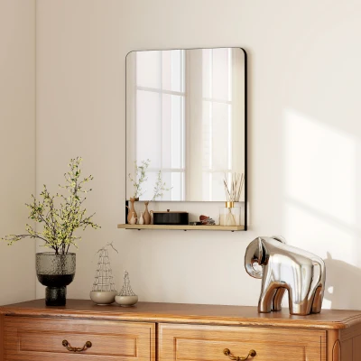 HOMCOM Wall Mirror with Wood Shelf Black