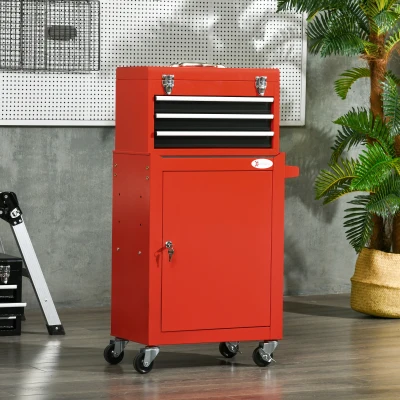 DURHAND 2-in-1 Gereedschapswagen, mobiel, 3 laden, gereedschapsbord, stalen behuizing, 46L x 28B x 94H cm, Rood