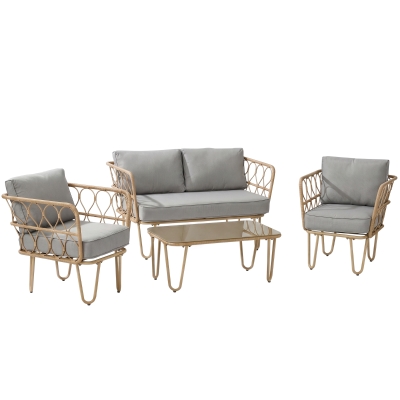 Outsunny Conjunto de Jardín de Ratán Sintético con Sofá Doble 2 Sillones y Mesa de Centro con Encimera de Cristal y Cojines