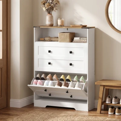HOMCOM Shoe Cabinet 2 Flip Drawers Narrow Storage White