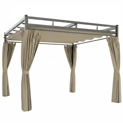 Outsunny Pergola Retractable Roof UPF30+ Metal Khaki 3x3m