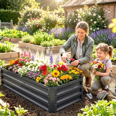 Outsunny Hoge plantenbak, weerbestendig, open bodem, verzinkt staal, 120 cm x 60 cm x 30,5 cm, Grijs