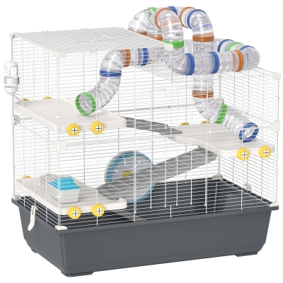 PawHut Dwerghamsterkooi, 4 niveaus, tunnelsysteem, hut, accessoires, bovenopening, 78 x 45 x 73 cm, Grijs