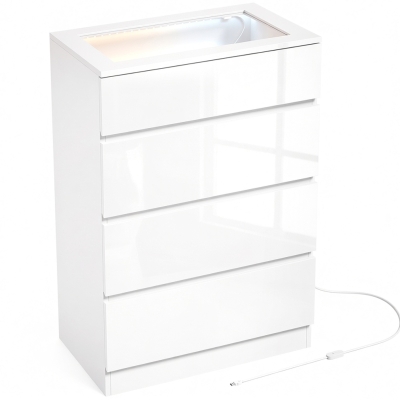 HOMCOM 4 Drawer Chest Glass Top LED Jewellery Organiser White