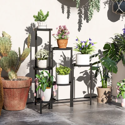 Outsunny Bloemenstandaard, Plantenstandaard met 6 Verstelbare Ronde Planken, Hoekstandaard voor Plantenpotten, Metaal, Zwart