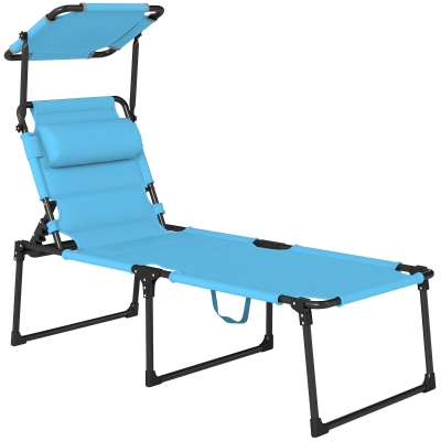 Outsunny Espreguiçadeira de Jardim com Toldo Ajustável Encosto Regulável em 4 Níveis Apoio de Cabeça para Terraço 70x200x45 cm Azul Claro