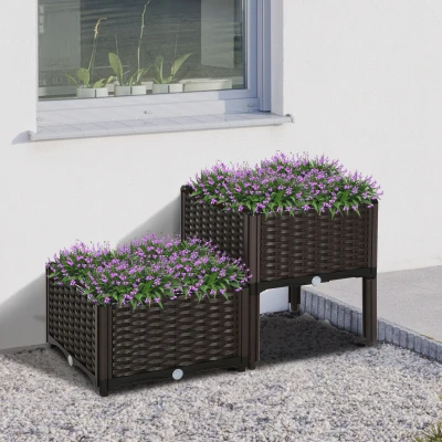 Outsunny verhoogd bed, 2-delige plantenbak met afwateringsgaten, bloembak in rotan-look, PP, bruin
