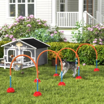 PawHut 5-Delig Honden-Agility-Trainingsapparaat met 4 In Breedte Verstelbare Deuren, Draagtas, Voor Tuin, Blauw
