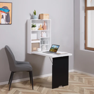 HOMCOM Opklapbaar bureau met wandmontage, 5 vakken, 60x94,5x147cm, Zwart/Wit