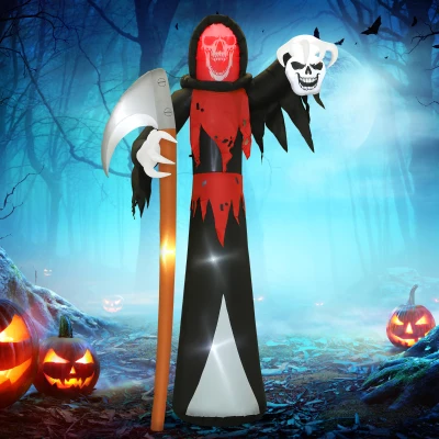 Outsunny Halloween-decoratie 3,70 m reusachtige dood met zeis met LED-verlichting lichtgevende luchtfiguur voor buiten