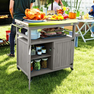 Outsunny Buitenkeukeneiland, Grillwagen met Kast en Rekken, Houten en Roestvrij Stalen Keukenwagen met Wielen, Grijs