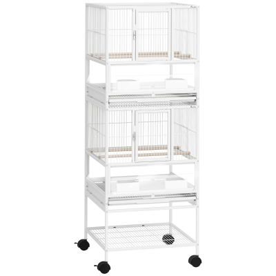 PawHut Gaiola para Pássaros de 2 Níveis com Rodas Painéis Acrílicos Comedouros Prateleira Bandejas Amovíveis  48x46x134,5 cm Branco