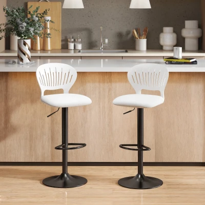 HOMCOM Juego de 2 Taburetes de Bar Giratorios en 360° Regulables en Altura de 84-105 cm Respaldo Hueco Reposapiés Blanco