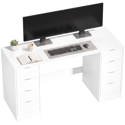 HOMCOM Bureau 140 cm met 8 laden, modern bureau met opbergruimte, witte houtlook