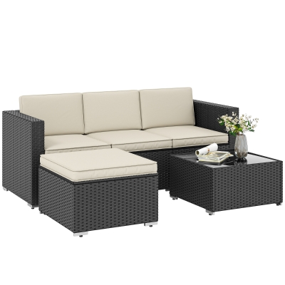 Outsunny Conjunto de Muebles de Ratán de Jardín Sofá de 3 Plazas Taburete y Mesa de Centro con Encimera de Cristal Negro