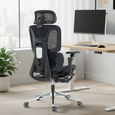 HOMCOM Bureaustoel ergonomisch met verstelbare lenden- en hoofdsteun, 6D-opklapbare armleuningen, voetensteun, mesh, zwart