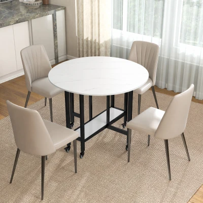 HOMCOM Mesa de Comedor Plegable con Ruedas, Mesa de Cocina para 4 Personas con Estante Integrado, 100 x 100 x 75 cm, Blanco