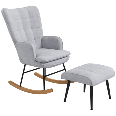 HOMCOM Schommelstoel met Voetenbank, Comfortabel, Tot 130 kg, Linnenlook, 64x89x90cm, Lichtgrijs
