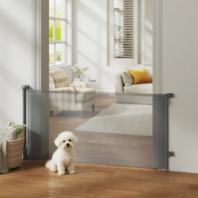 PawHut Barrera de Seguridad para Perros Retráctil Extensible hasta 180 cm de Ancho para Escaleras y Puertas Gris
