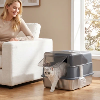 PawHut Lettiera per gatti 2 in 1 in acciaio inox, grigio