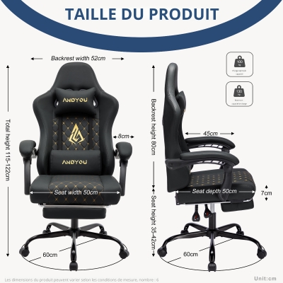 Fauteuil gamer avec repose-pieds, Noir