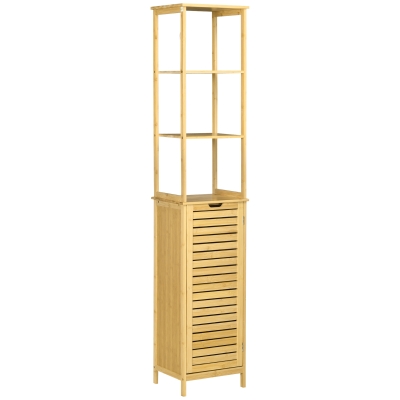 kleankin Badkamerkast, Hoge Kast met Drie Planken en een Kastvak met Lamellendeur, Kantelbeveiliging, Bamboe, 34 x 30 x 173 cm