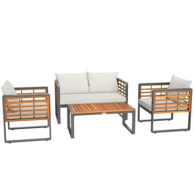 Outsunny 4-delige tuinmeubelset, 2 fauteuils, 1 bank, 1 salontafel, zitkussens, acaciahout, stalen frame, grijs+beige
