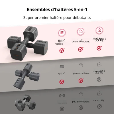 5‑en‑1 ensemble d'haltères réglable (2 pièces), gris