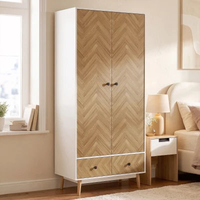 HOMCOM Modern Wardrobe Cabinet Wood 2 Rods 2 Drawers White