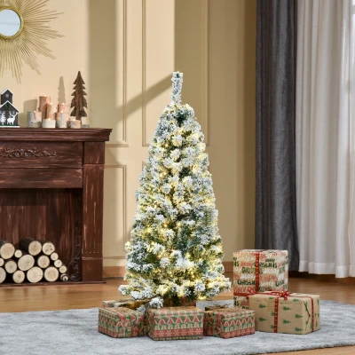 HOMCOM 4FT Prelit Snow Flocked Christmas Tree Green White