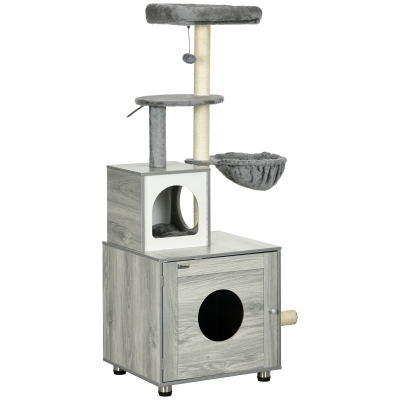 PawHut Enclosed Cat Litter Box with House & Scratching Posts - Grey