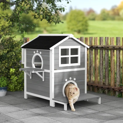 PawHut Buitenkattenhuis met Weerbestendig Dak, Venster, Balkon, Uitneembare Bodem, 2 Niveaus, voor 1-2 Katten, Grijs