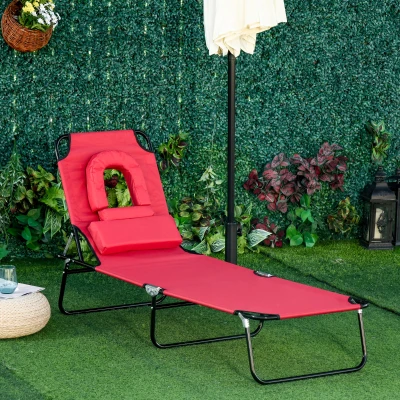 Outsunny Foldable Sun Lounger Adjustable Red Chair
