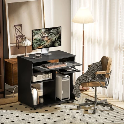 HOMCOM Computertafel op Wielen, Bureau met Opbergruimte, 80 x 48 x 75 cm, Zwart